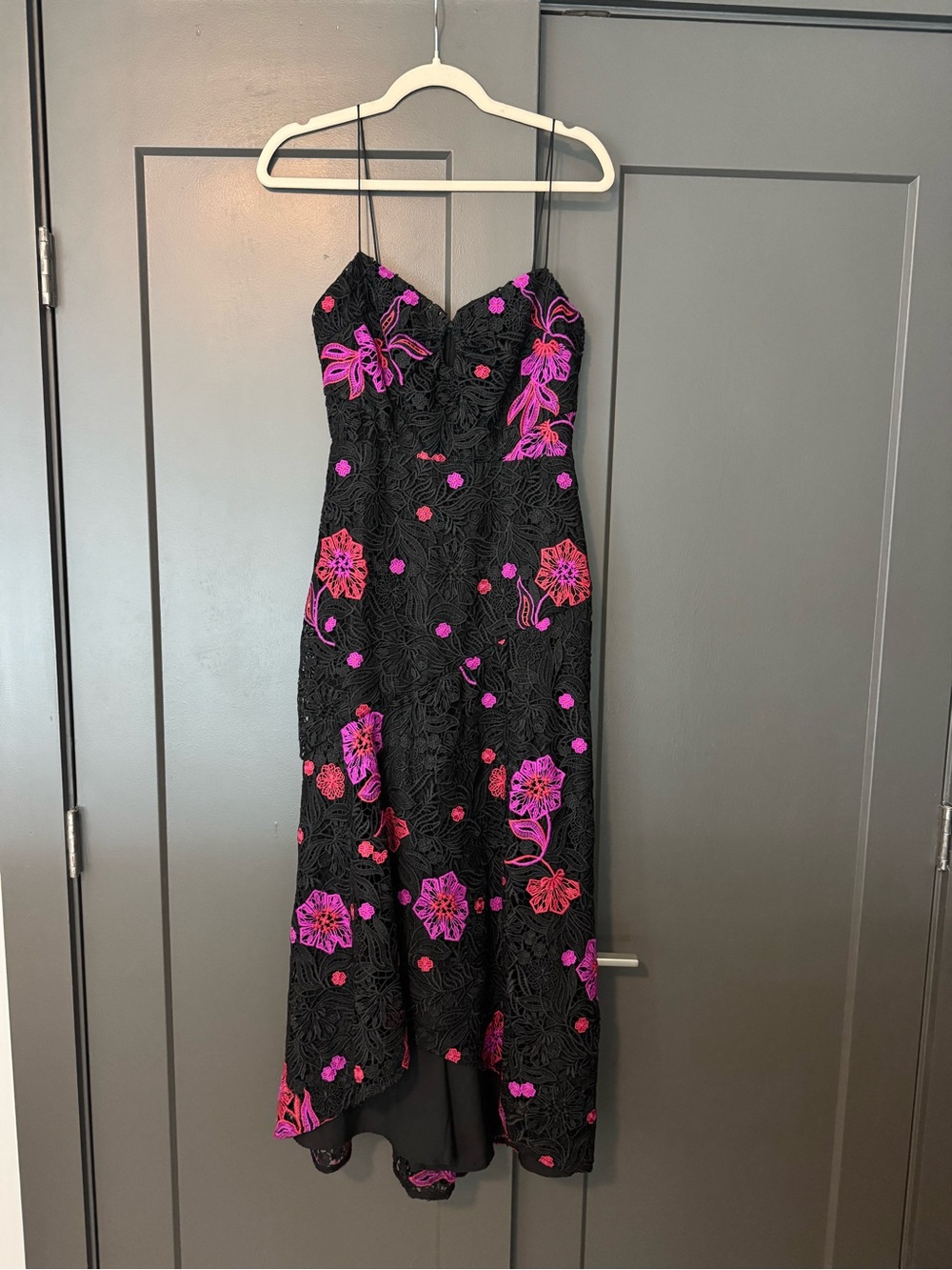 Monique Lhuillier Black Dress with Pink Floral Embroidery